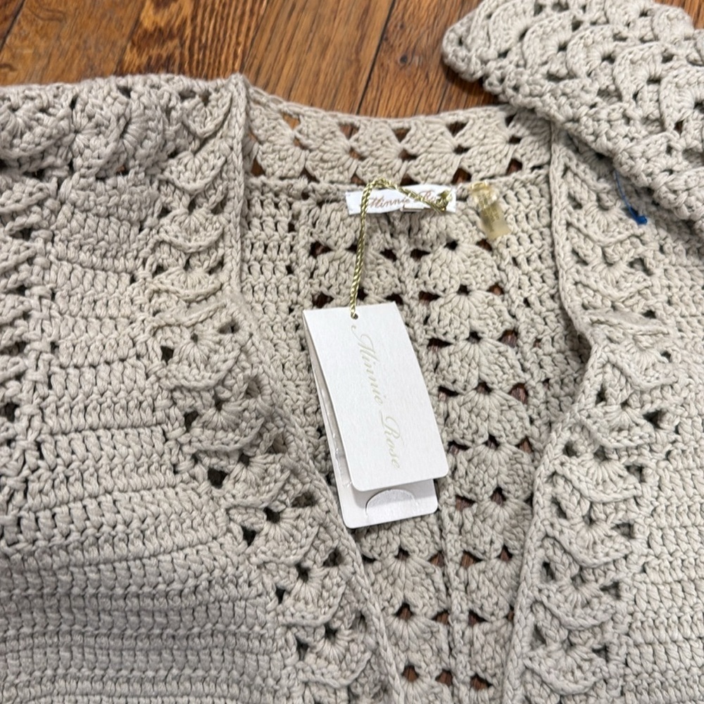 NWT Minnie Rose tan 100% cotton crochet open long cardigan fall XS - Picture 2 of 5
